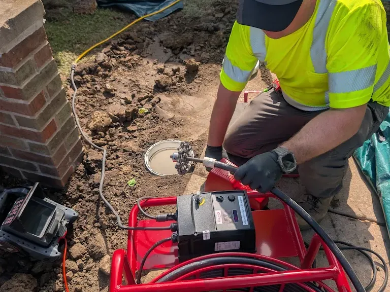 A drain machine cable feeding into a residential cleanout.