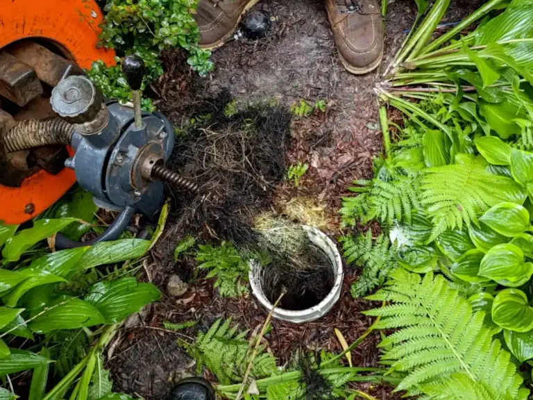 Power rodding equipment at an outdoor cleanout.