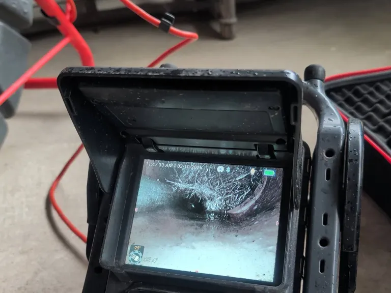 Pipe inspection camera screen during a line examination.