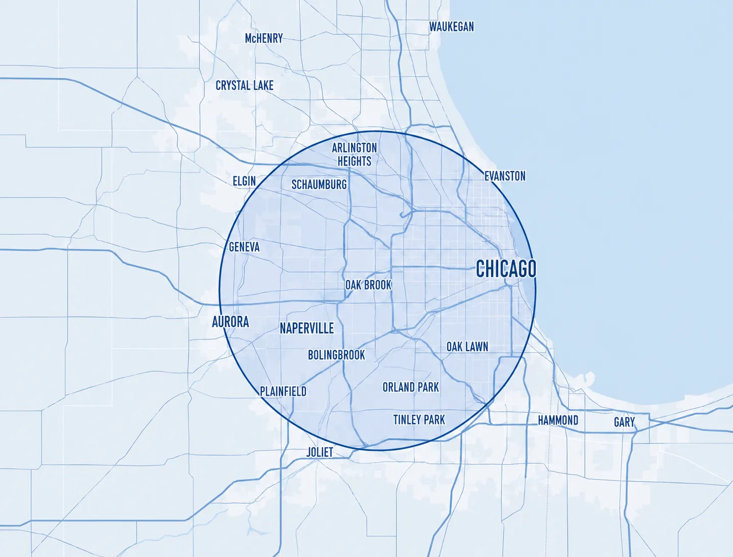Stylized map of the Chicago area with a highlighted radius covering Chicagoland communities served from Wood Dale.