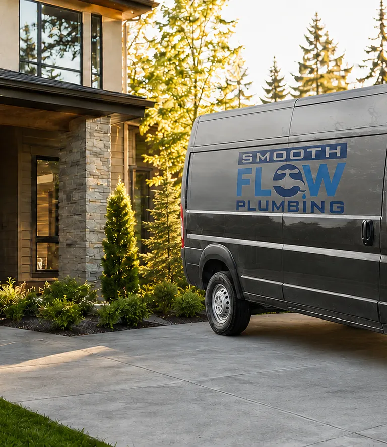 A Smooth Flow Plumbing van parked in a driveway, with the company name on the side.